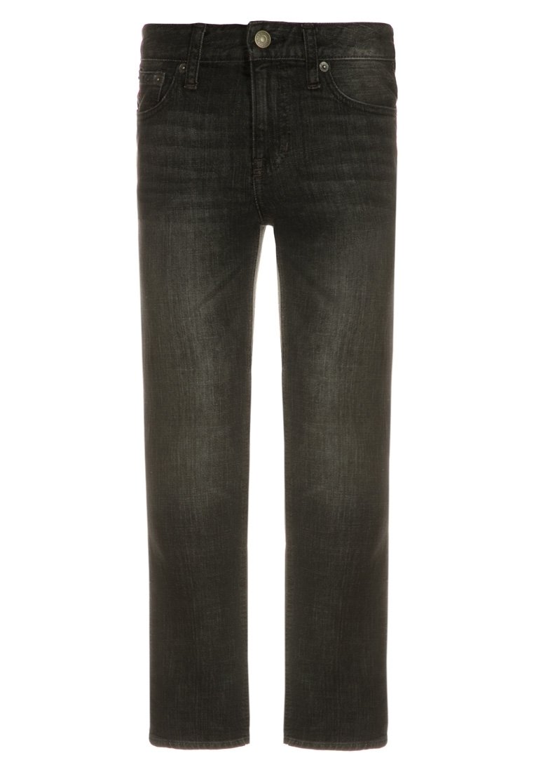 Černé džíny z denimu se střihy rovnými nohavicemi, které mají klasický design s pěti kapsami, kovové zapínání na knoflík a jemně vybledlý vzhled.