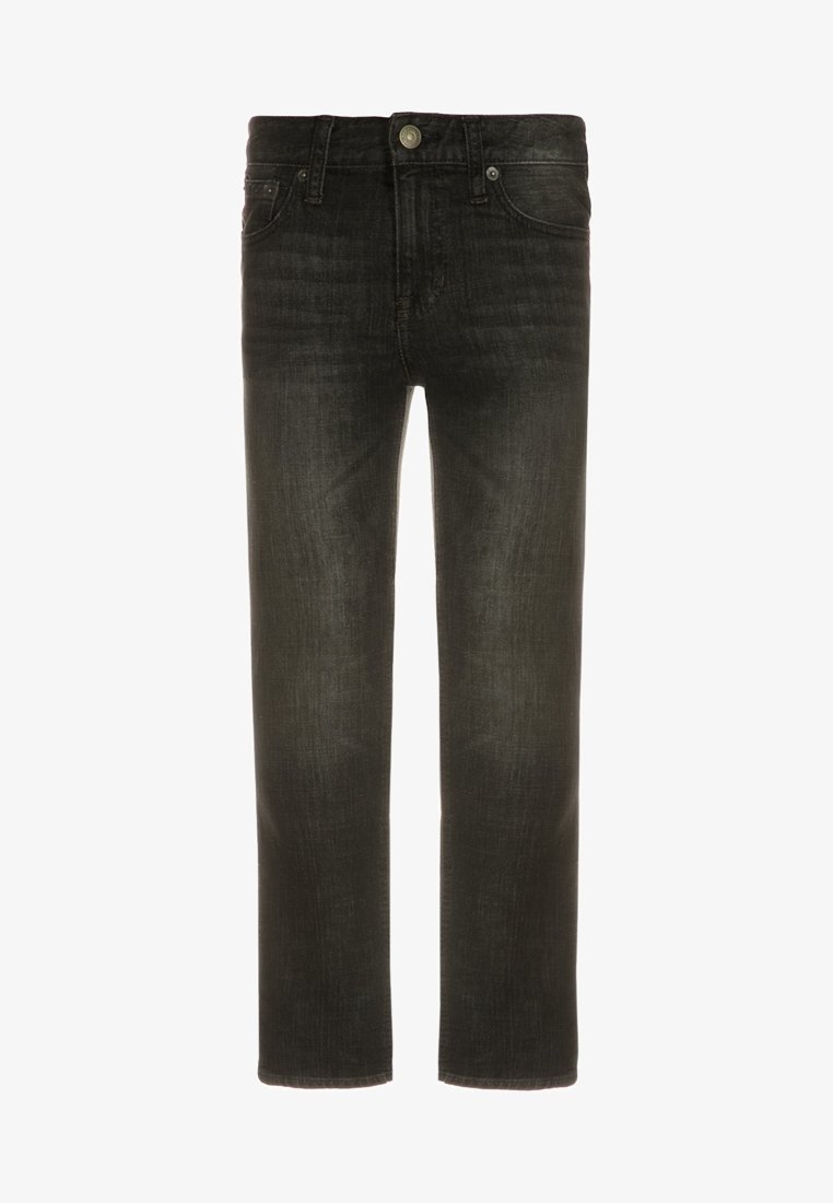 Černé džíny z denimu se střihy rovnými nohavicemi, které mají klasický design s pěti kapsami, kovové zapínání na knoflík a jemně vybledlý vzhled.