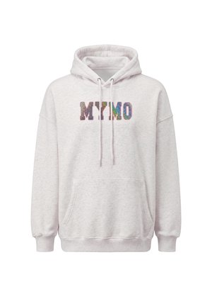 Lysegrå hættetrøje med frontlomme og flerfarvet "MYMO" tekst trykt hen over brystet.