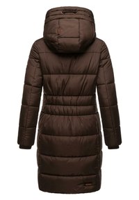 Brown padded jacket with a hood, featuring a quilted design, long sleeves, and a branded tag near the hem. Smooth texture and warm material.