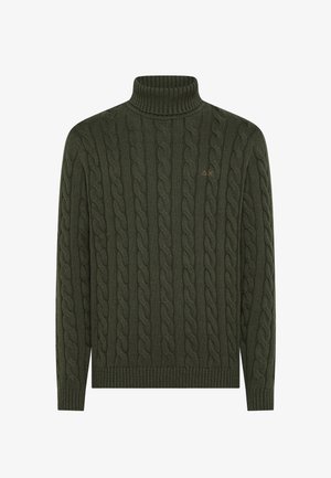 Maglione a collo alto in maglia a trecce verde con orlo e polsini a coste. Presenta un piccolo logo in colore a contrasto sul petto.