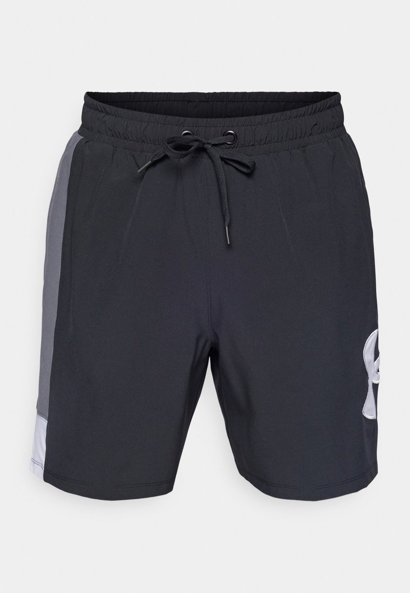 Pantaloni da bagno neri con vita elastica, cordino regolabile e pannelli laterali grigi. Presentano un logo bianco sulla gamba inferiore. Tessuto liscio.