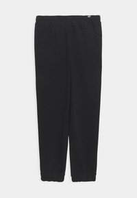 Pantalones de chándal negros hechos de tela suave, con cinturilla elástica, piernas ajustadas y puños elásticos en los tobillos. Diseño minimalista.