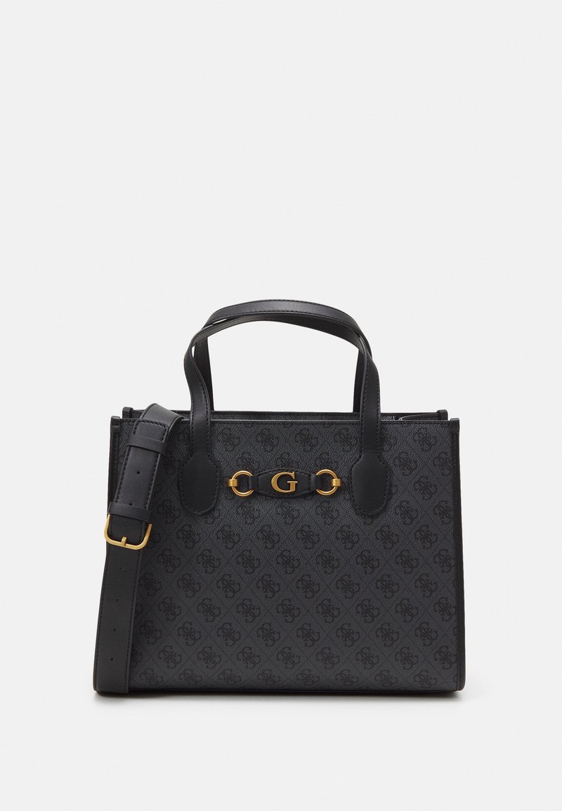 Sac tote en cuir noir avec surface à motifs, doubles poignées, bandoulière réglable et logo doré "G" sur le devant.