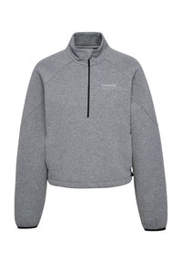 Felpa grigia con colletto alto, zip a quarti sul davanti e maniche lunghe raglan. Presenta una tasca frontale bassa e dettagli in zip nera.