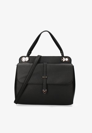 Borsa a mano in pelle nera con un design strutturato, manici superiori, tracolla regolabile e dettagli in metallo dorato.