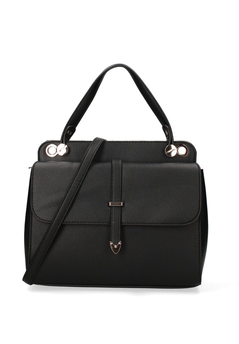 Borsa a mano in pelle nera con un design strutturato, manici superiori, tracolla regolabile e dettagli in metallo dorato.