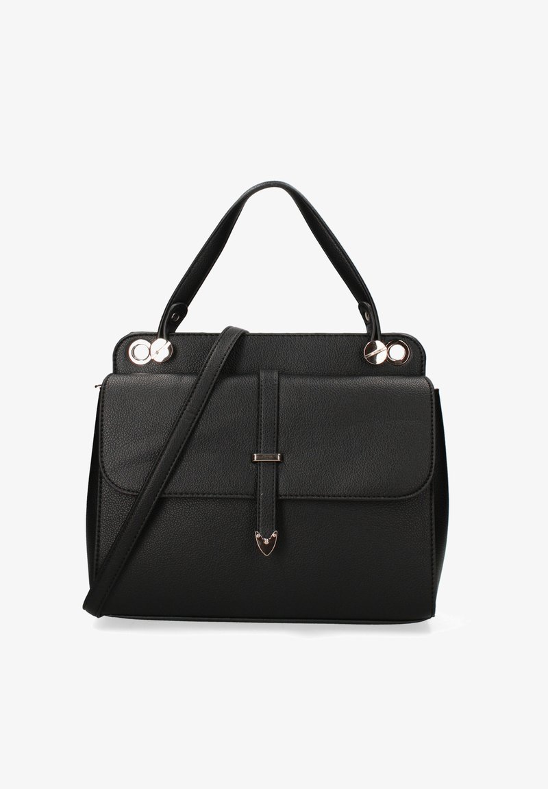 Zwart leren handtas met een gestructureerd ontwerp, handvatten aan de bovenkant, een verstelbare schouderriem en accenten in goudkleurige hardware.