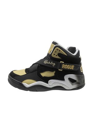 Højtop sort og beige sneaker med hvid plettet sål, rem med mærket "ROGUE" og gulddetaljer af logo på siden og tungen.