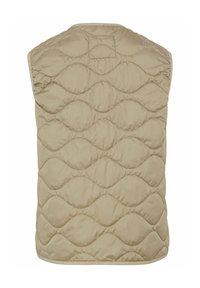 Veste matelassée beige sans manches avec un motif de couture ondulé et un panneau arrière uni.