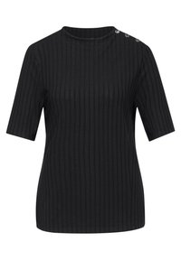 T-shirt noir à manches courtes en maille côtelée, avec un col rond et trois boutons décoratifs sur l'épaule gauche. Tissu doux avec un léger stretch.