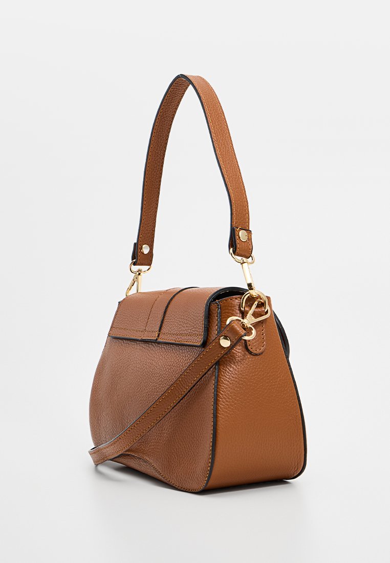 Sac à main en cuir marron avec une forme structurée, équipé d'une seule bandoulière, ornements en métal doré et une texture lisse.