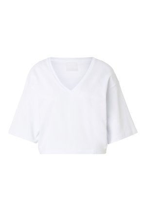 Witte cropped V-hals T-shirt met korte brede mouwen, getoond op een effen witte achtergrond.