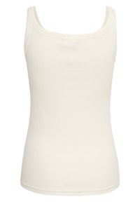 Débardeur blanc en tissu lisse et extensible. Présente un décolleté scoop et des bretelles fines, avec une silhouette ajustée et sans motifs visibles.