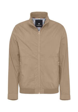 Beige leichte Jacke mit Reißverschluss vorne, hohem Kragen und zwei Seitentaschen. Vertikale Streifenstruktur und karierte Innenauskleidung. Elastische Bündchen und Saum.