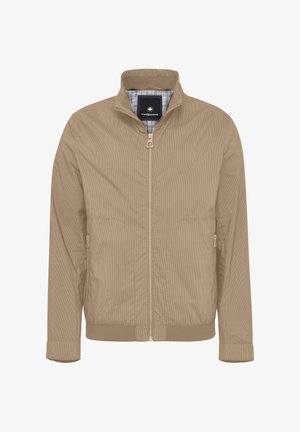 Beige leichte Jacke mit Reißverschluss vorne, hohem Kragen und zwei Seitentaschen. Vertikale Streifenstruktur und karierte Innenauskleidung. Elastische Bündchen und Saum.