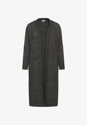 Dolga kardigan brez zapenjanja v temno sivi barvi. Teksturna pletenina z rebrastim vzorcem. Rokavi do tri četrtine brez zapenjanja.