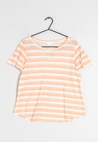 Pruhovaný krémovo-bílý top s krátkým rukávem, s kulatým výstřihem a nařasením na rukávech. Měkký, lehký materiál.