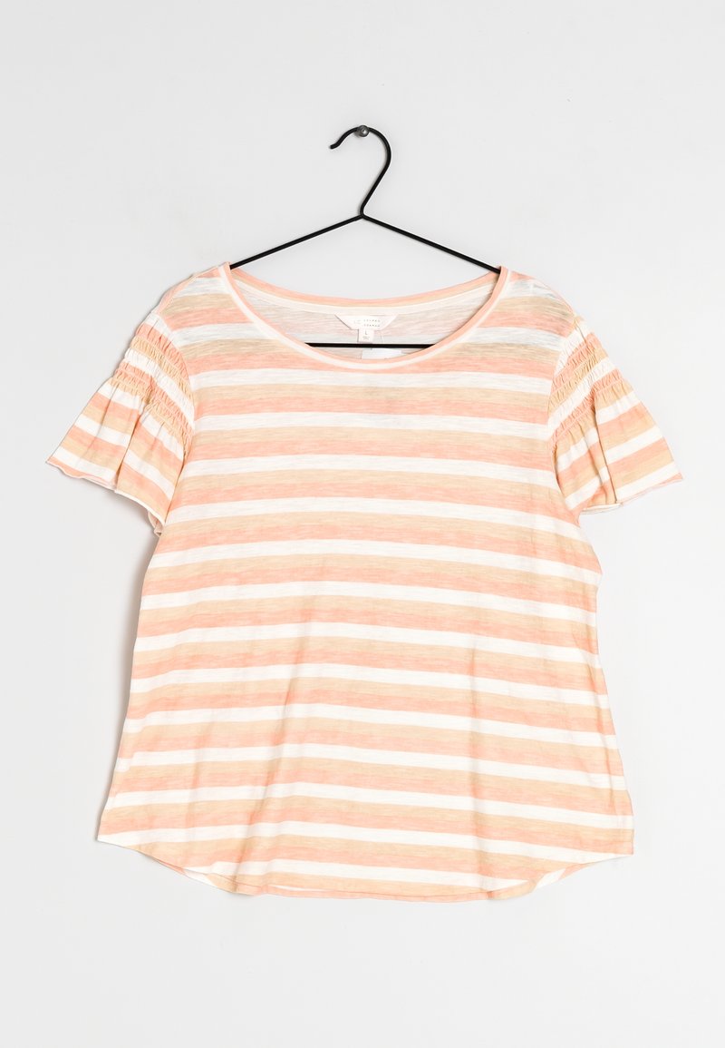 Pruhovaný krémovo-bílý top s krátkým rukávem, s kulatým výstřihem a nařasením na rukávech. Měkký, lehký materiál.