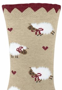 Skarpetki do kolan w beżowym kolorze z falbaniastym bordowym wykończeniem, z białymi wzorami owiec z czerwonymi kokardkami i małymi czerwonymi sercami w całej powierzchni.