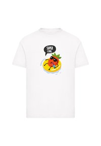 White short-sleeve t-shirt featuring a cartoon strawberry with sunglasses on a yellow float, captioned "SUPER COOL" in a speech bubble.