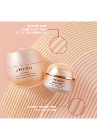 Shiseido Benefiance rynkavslutande kräm och ögonkräm i genomskinliga burkar med gulddetaljer, på en strukturerad ljusrosa bakgrund.