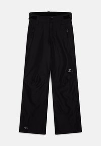 Calças impermeáveis pretas com corte reto, bolsos laterais com fecho, cintura ajustável e um logótipo simples perto do fundo. Textura suave e lisa.