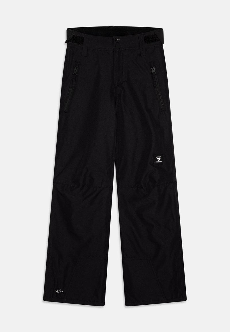 Black waterproof pants with a straight cut, zippered side pockets, adjustable waistband, and simple logo near the hem. Soft, smooth texture.
