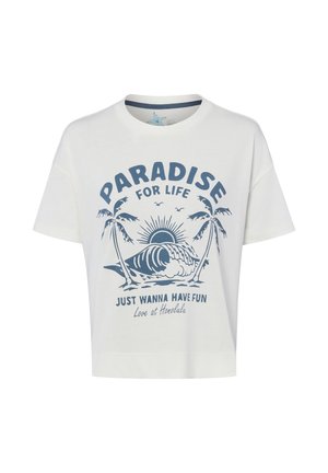 Biała koszulka z krótkim rękawem z niebieską grafiką palm, fali oceanu, słońca, ptaków oraz napisem „Paradise for life, just wanna have fun, love at Honolulu.”