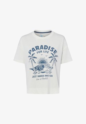 Witte korte mouwen T-shirt met blauwe afbeelding van palmbomen, oceaangolf, zon, vogels en tekst "Paradise for life, just wanna have fun, love at Honolulu."