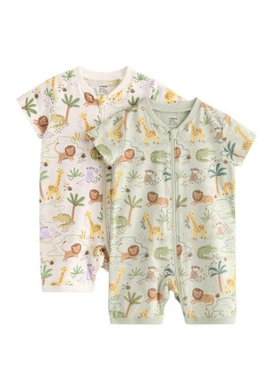 Kaksi lyhythihaista vauvanhaalaria, joissa on etuvetoketjut, koristeltu värikkäillä viidakon eläimillä, kuten leijonilla, kirahveilla, krokotiileilla ja apinoilla.