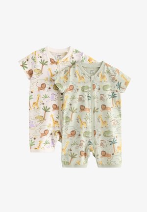 To kortærmede babyheldragter med lynlåse foran, dekoreret med farverige jungledyr som løver, giraffer, krokodiller og aber.