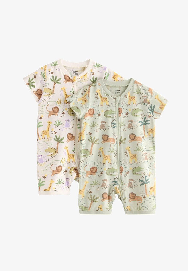 Δύο βρεφικά φορμάκια με κοντά μανίκια και εμπρόσθιο φερμουάρ, διακοσμημένα με πολύχρωμα ζώα της ζούγκλας όπως λιοντάρια, καμηλοπαρδάλεις, κροκόδειλους και μαϊμούδες.