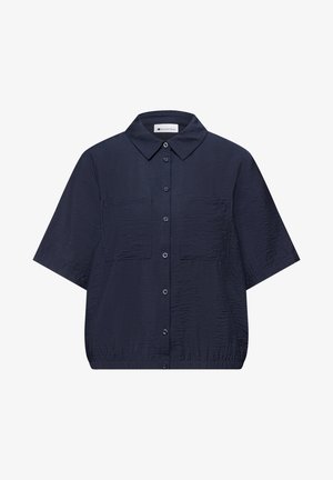 Granatowa koszula z krótkim rękawem na guziki z kołnierzykiem, dwoma kieszeniami na piersiach i elastycznym wykończeniem u dołu w pasie.