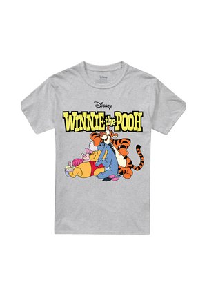 Gray T-shirt featuring Winnie the Pooh, Piglet, Eeyore, and Tigger hugging beneath bold yellow "WINNIE the POOH" and Disney logo.
