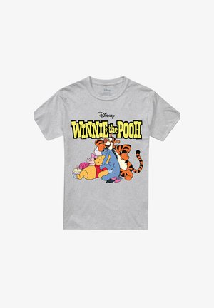 Gray T-shirt featuring Winnie the Pooh, Piglet, Eeyore, and Tigger hugging beneath bold yellow "WINNIE the POOH" and Disney logo.