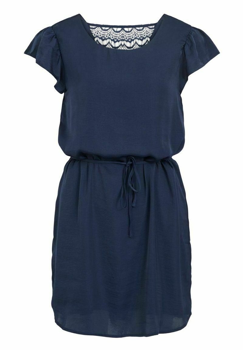 Robe bleu marine à manches courtes avec détail en dentelle au niveau du col et ceinture ajustable à la taille.