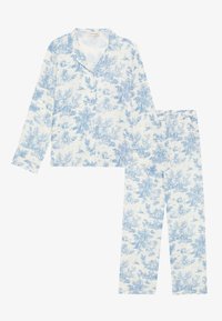 Lättviktigt pyjamasset med lång ärm som har ett blått blommönster på vit bakgrund. Inkluderar en knapp-up topp och matchande byxor.