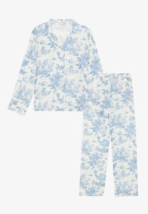 Ensemble de pyjama léger à manches longues arborant un motif floral bleu sur fond blanc. Comprend un haut à boutons et un pantalon assorti.