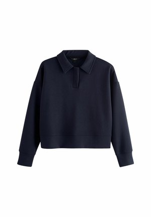 Pull à manches longues bleu marine foncé avec col et patte de boutonnage cachée, fabriqué dans un tissu lisse et épais.