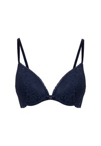 Marineblauwe kanten bh met verstelbare bandjes, licht gevoerde cups en een kleine strik met een decoratieve bedel in het midden voor.