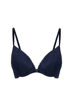 Navyblaue Spitzen-BH mit verstellbaren Trägern, leicht gepolsterten Cups und einem kleinen Bogen mit einem dekorativen Charm in der Mitte vorne.