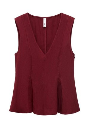 Burgunderfarbene ärmellose Bluse mit V-Ausschnitt und Falten am Saum. Hergestellt aus strukturiertem Stoff, mit klaren Linien und minimalem Zubehör.
