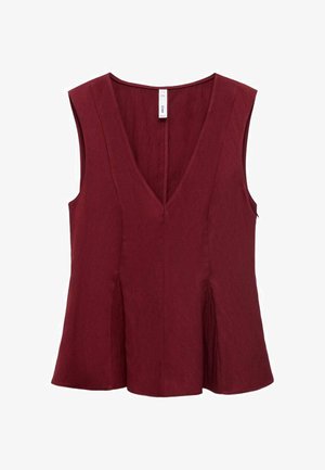 Top bordeaux fără mâneci, cu decolteu în V și plisuri la tiv. Fabricat dintr-un material texturat, cu linii curate și accesorii minime.