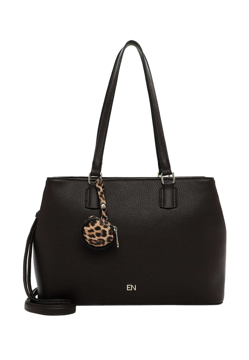 Black leather handbag with textured surface, two handles, and a detachable leopard-print keychain. Features gold logo at the front.