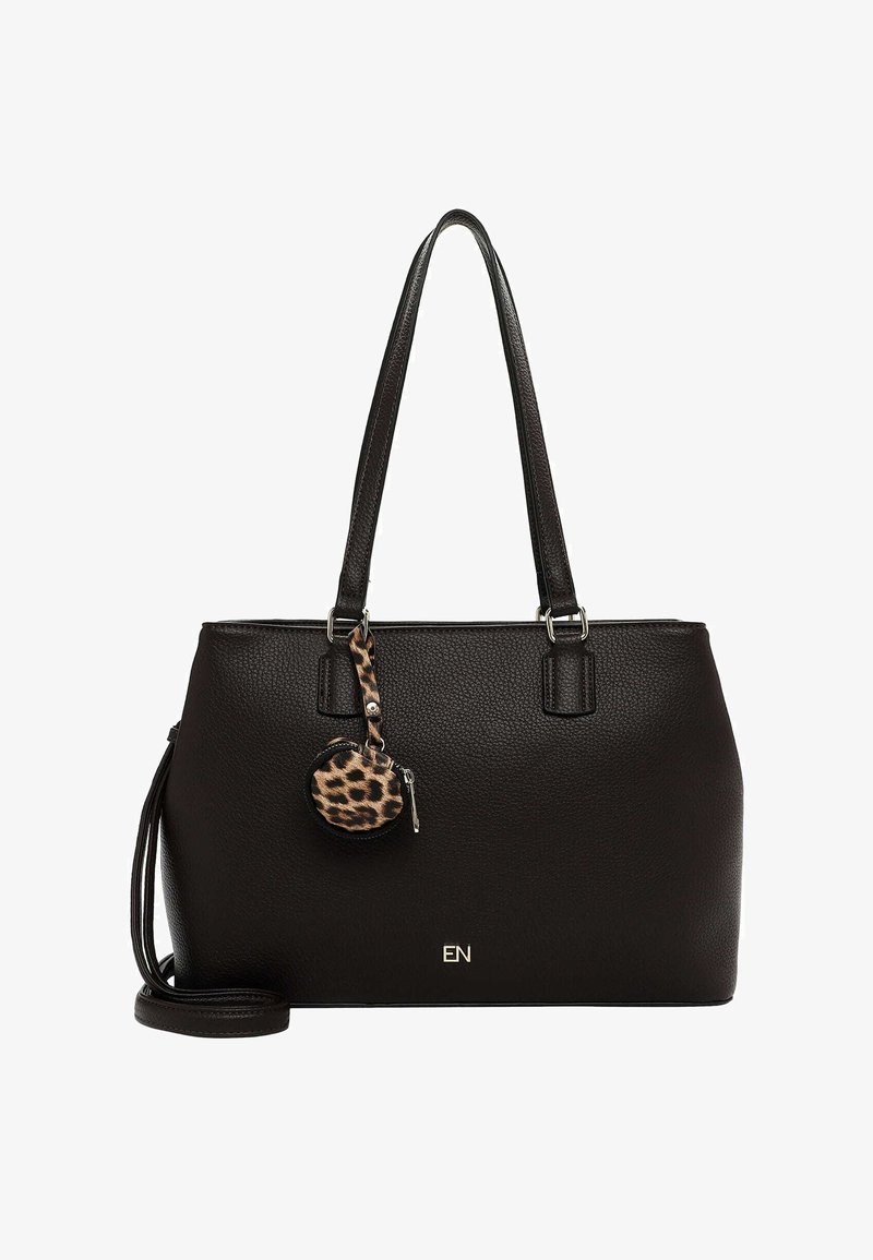 Black leather handbag with textured surface, two handles, and a detachable leopard-print keychain. Features gold logo at the front.