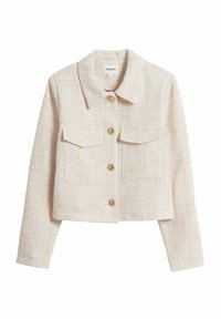 Tweed jasje in crème met oranje accenten, met een kraag, twee voorzakken en ronde knopen. Verkorte ontwerp met lange mouwen.