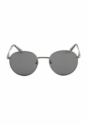Round dark-lensed sunglasses with thin silver metal frames and nose pads, shown from the front on a white background.
