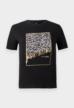Schwarzes Baumwoll-T-Shirt mit einem Leopardenmuster in Grau und Gold sowie dem Text "femme FUTURE" in einer stilisierten Schriftart. Kurze Ärmel.