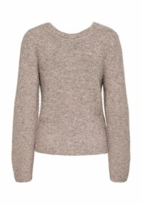 Pull tricoté marron clair à manches longues, col rond et texture douce. Présente une silhouette ajustée et un design minimaliste.